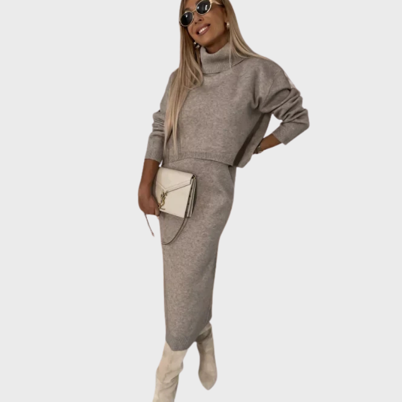 Stickad tvådelad klänning med elegant rund hals