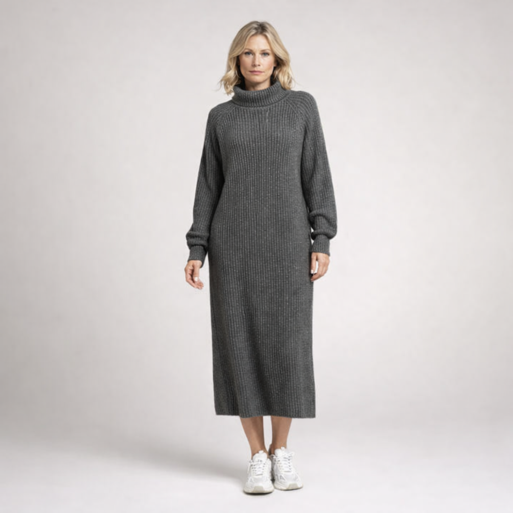 Ribbad midiklänning med polokrage för dam