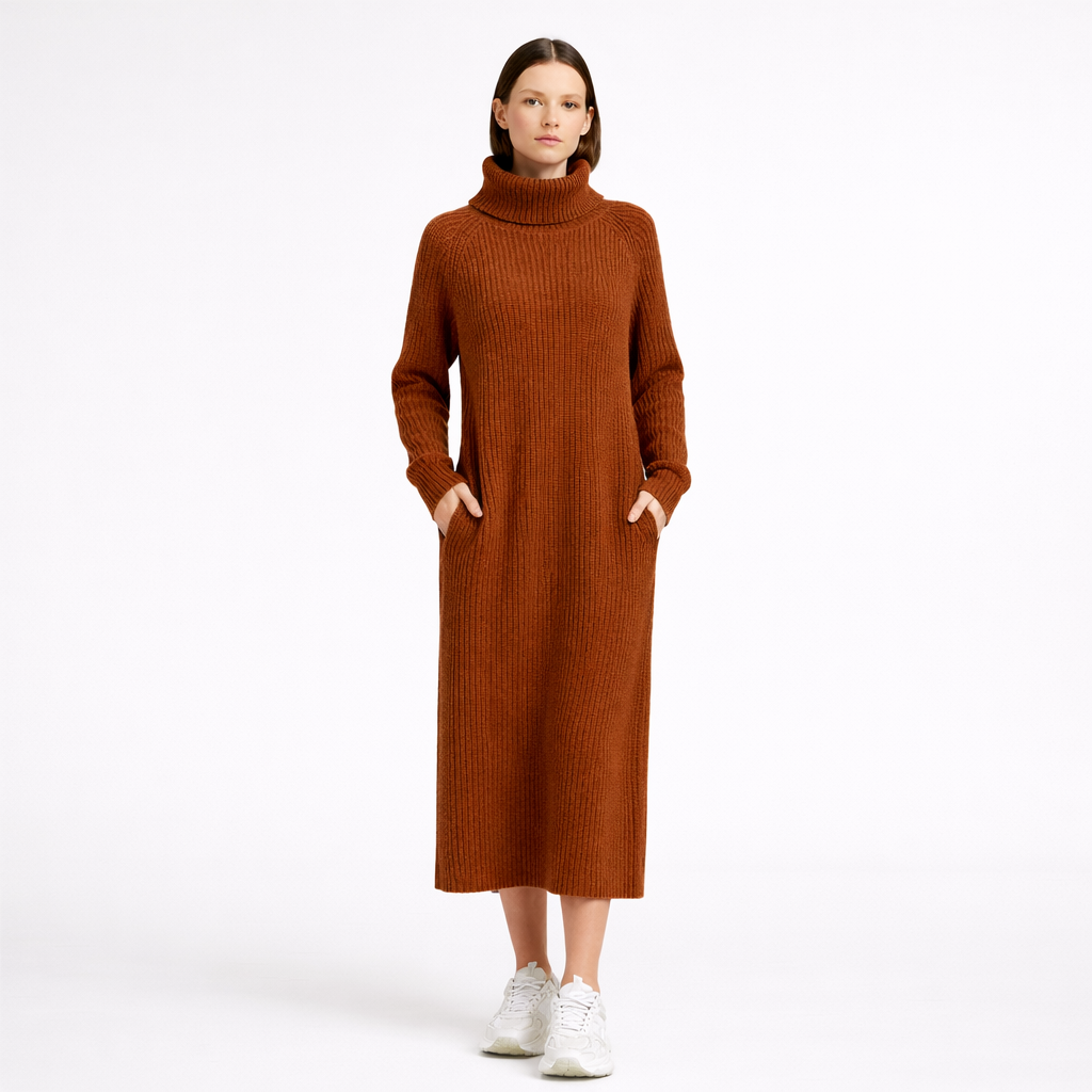 Ribbad midiklänning med polokrage för dam