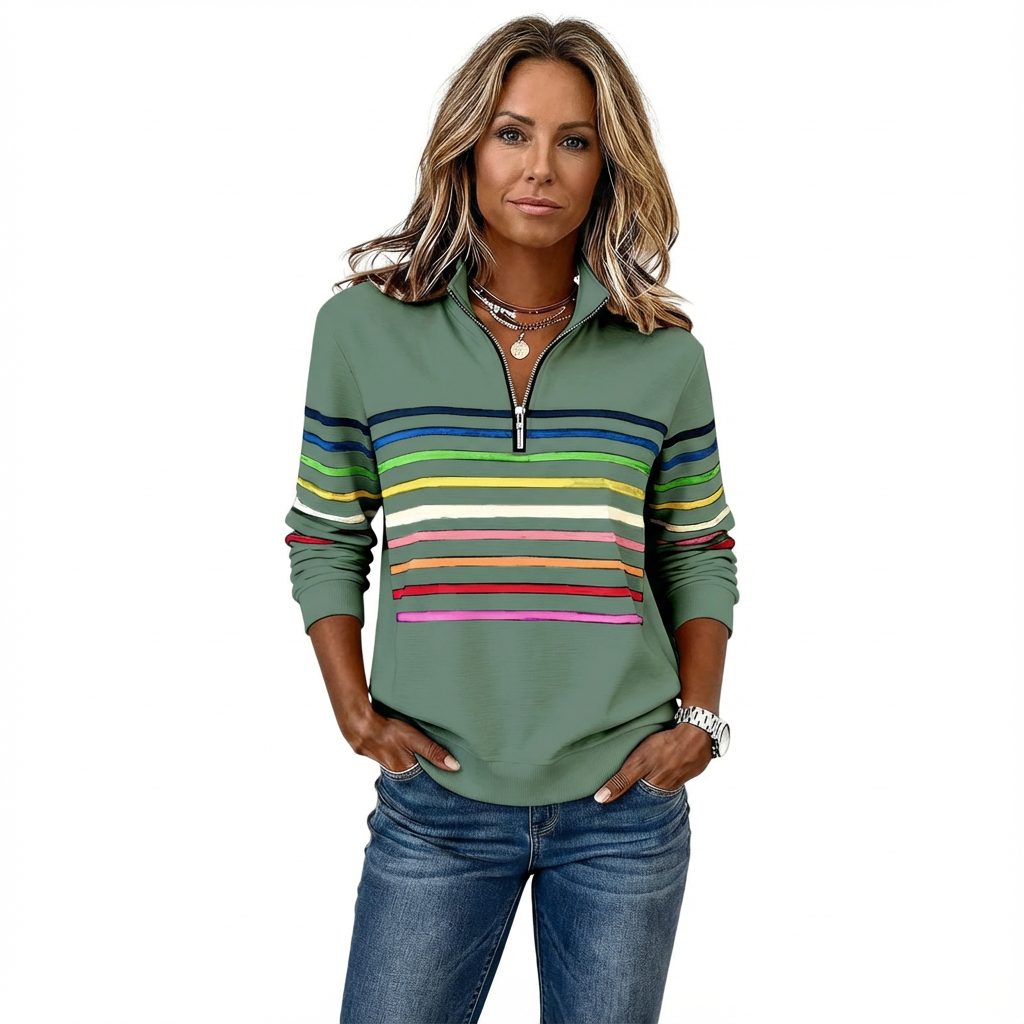 Avslappnad topp för dam med halvdragkedja och randigt mönster