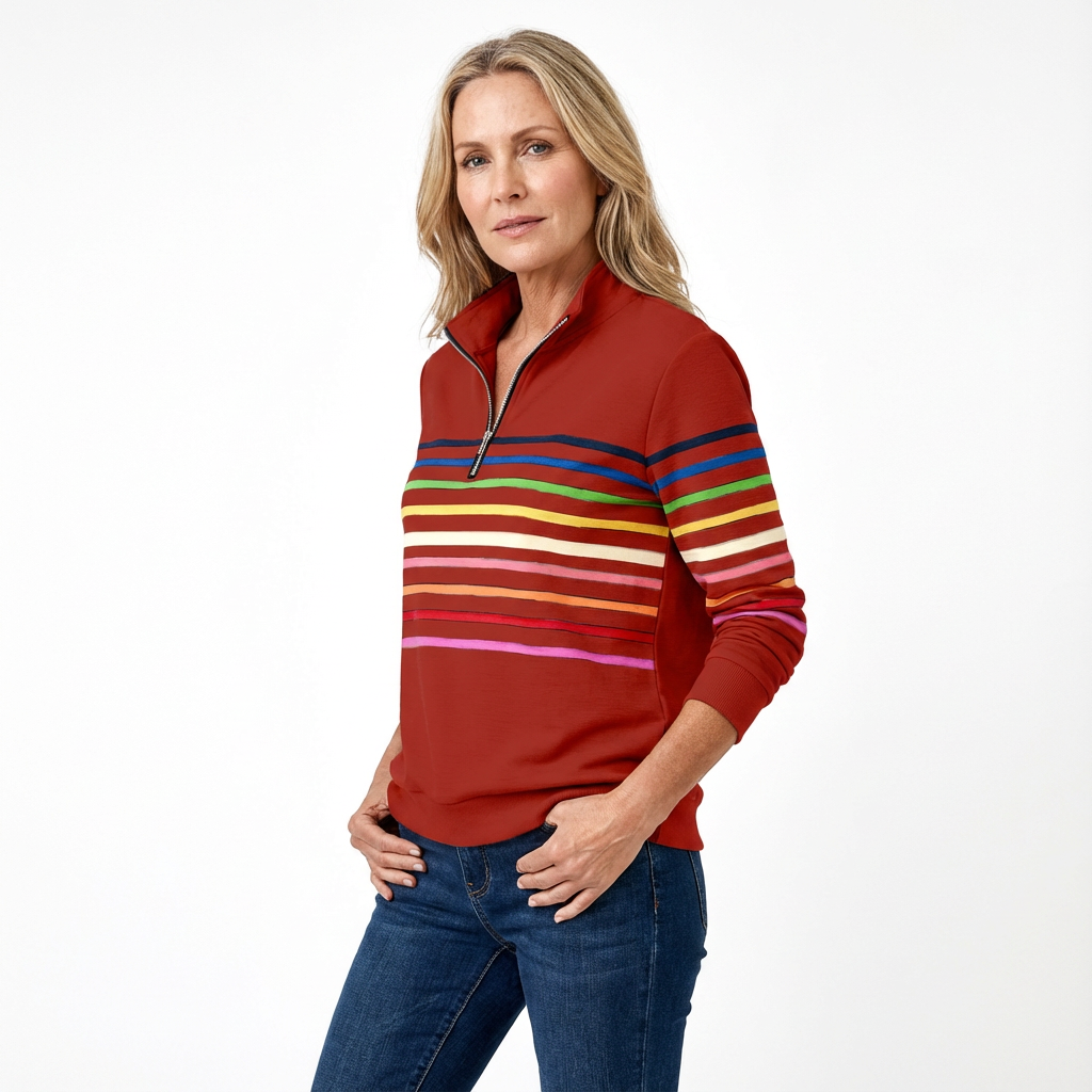 Avslappnad topp för dam med halvdragkedja och randigt mönster