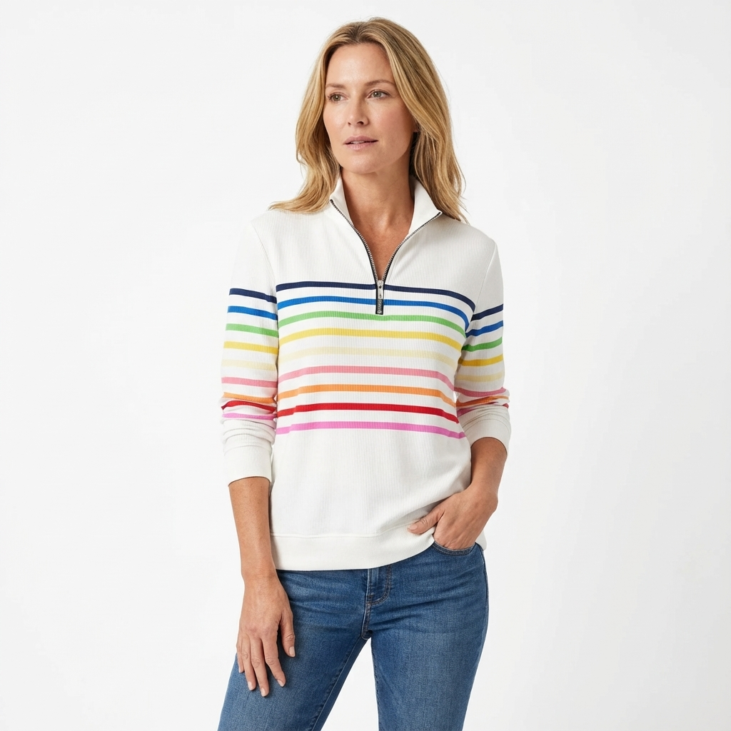 Avslappnad topp för dam med halvdragkedja och randigt mönster