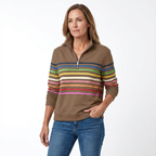 Avslappnad topp för dam med halvdragkedja och randigt mönster