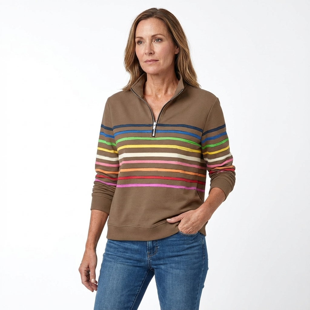 Avslappnad topp för dam med halvdragkedja och randigt mönster