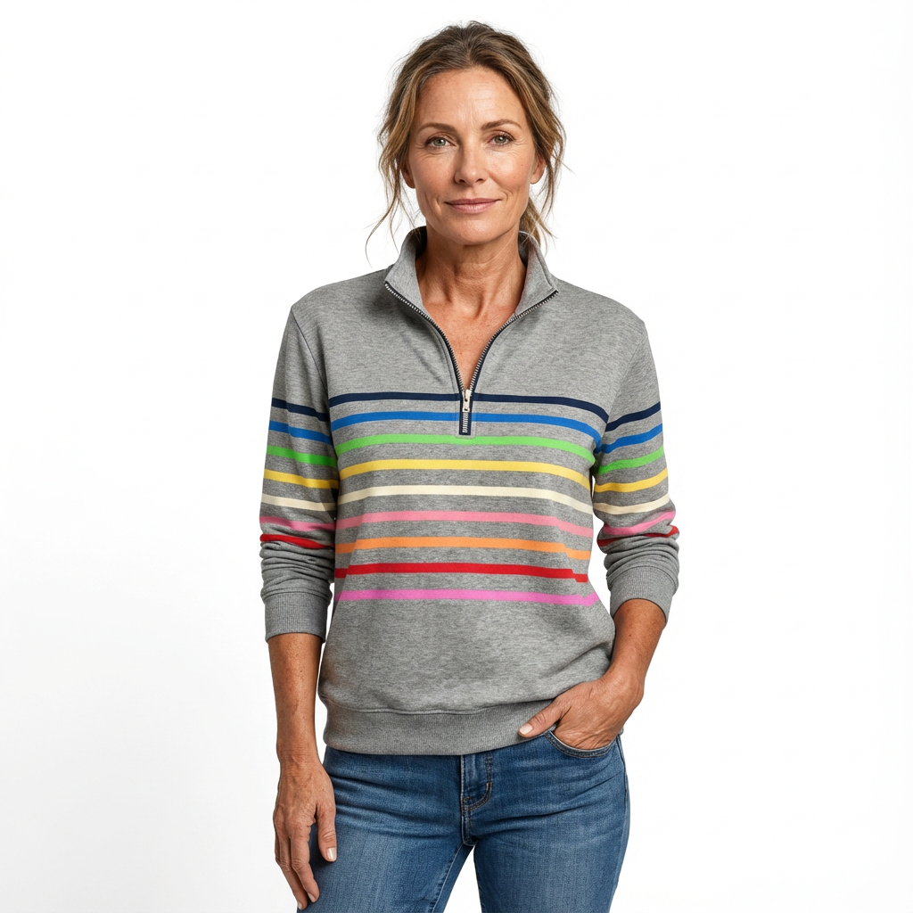 Avslappnad topp för dam med halvdragkedja och randigt mönster