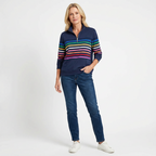 Avslappnad topp för dam med halvdragkedja och randigt mönster