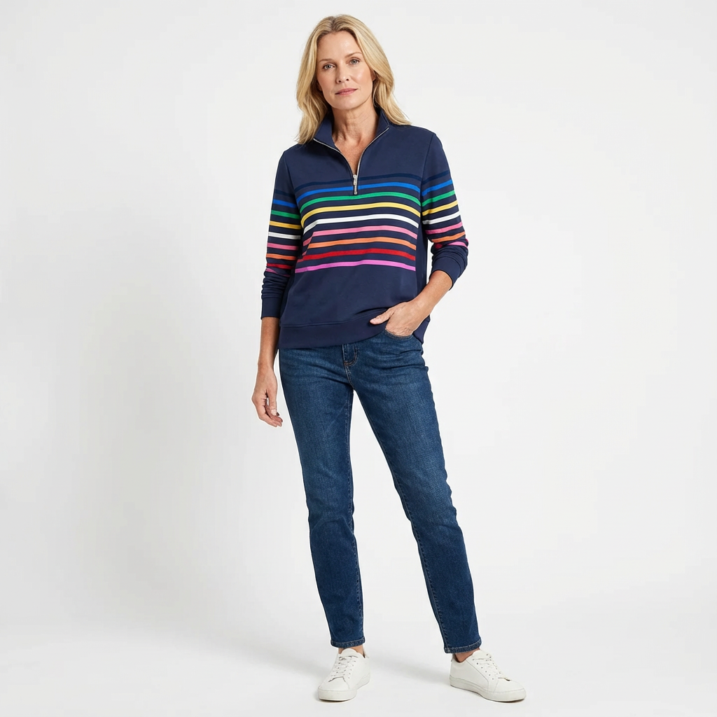 Avslappnad topp för dam med halvdragkedja och randigt mönster