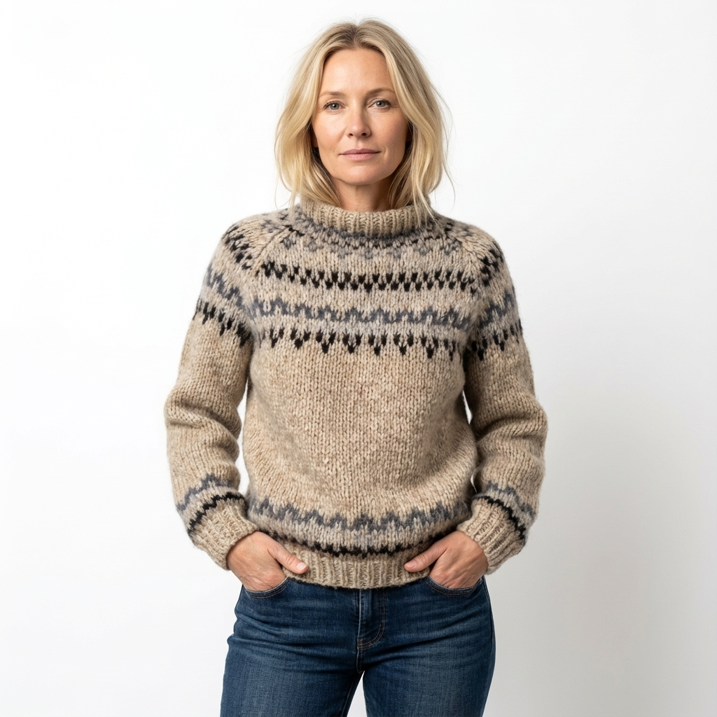 Dam Stickad Tröja med Nordiskt Mönster