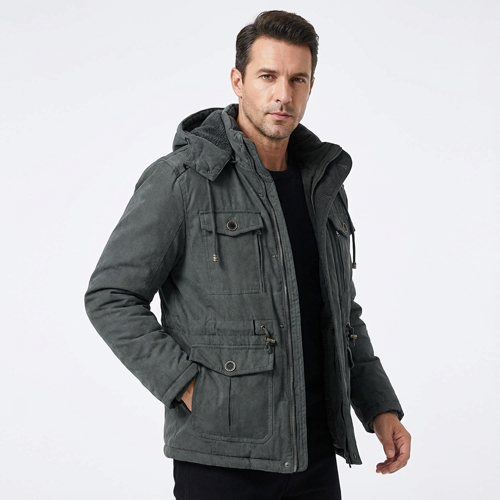 Herr Klassisk jacka med huva och flera fickor