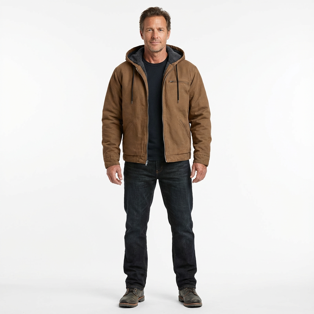 Herrjacka med huva och dragkedja framtill