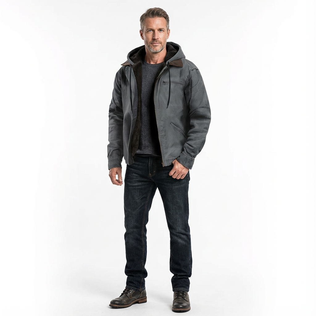 Herrjacka med huva och dragkedja framtill