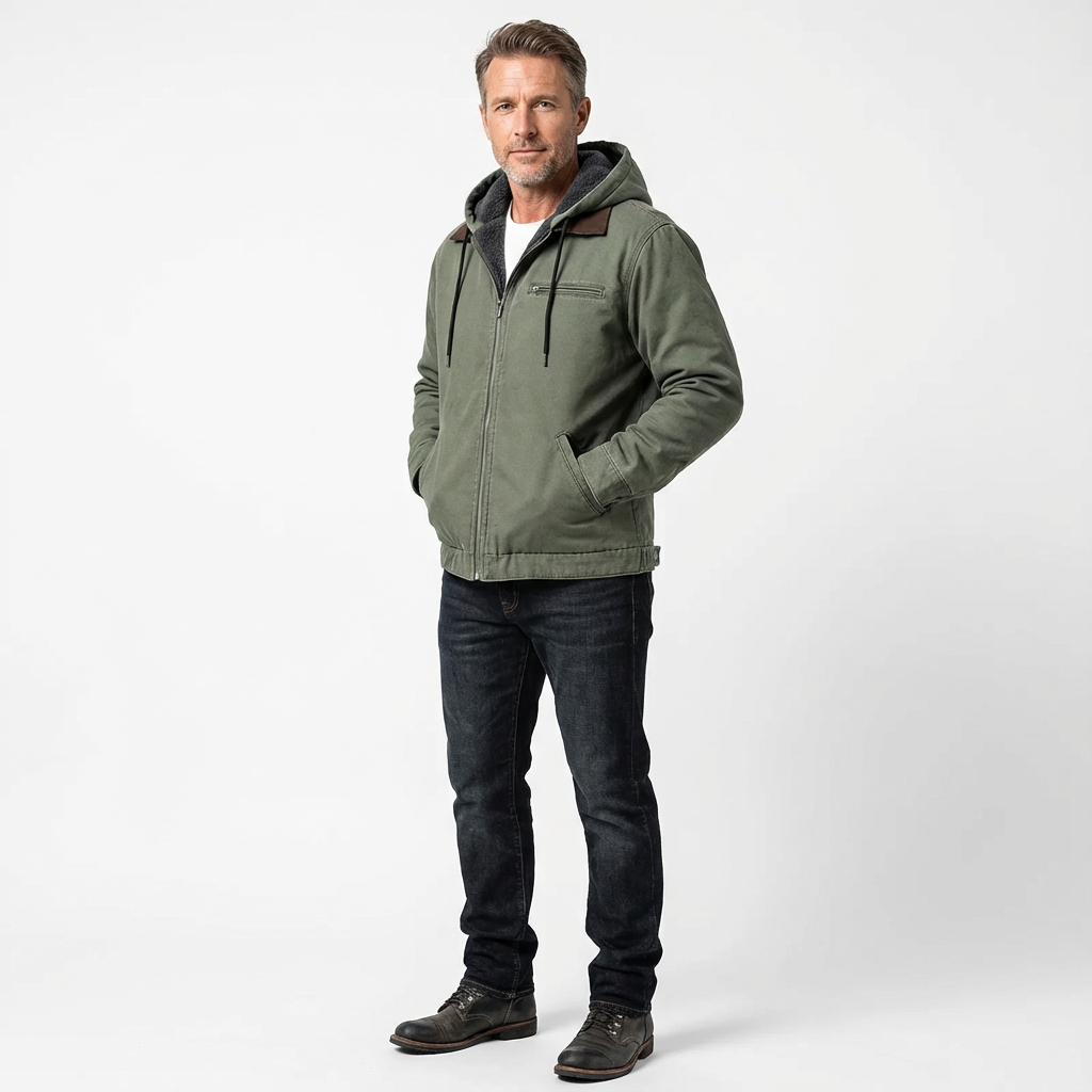 Herrjacka med huva och dragkedja framtill