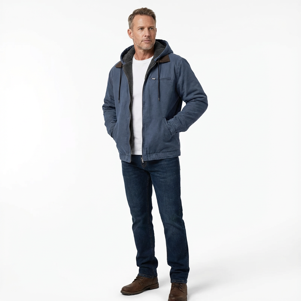 Herrjacka med huva och dragkedja framtill