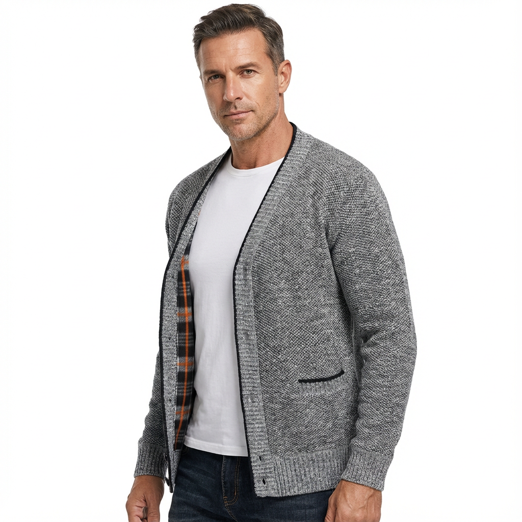 Herrkofta med V-ringning, rutigt foder och sidofickor