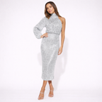 Asymmetrisk midiklänning med paljettmönster för dam