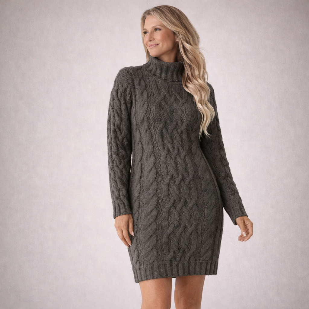 Strukturerad stickad klänning med lång ärm och hög hals