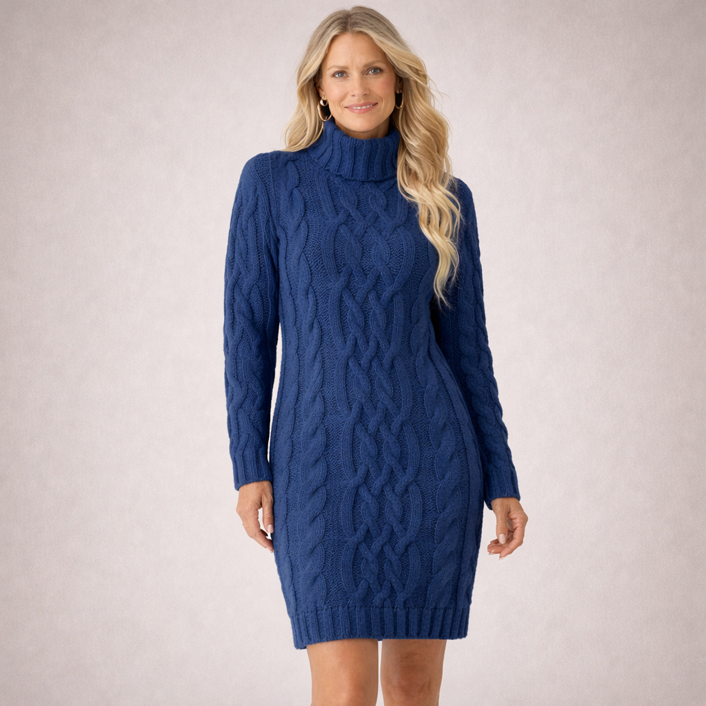 Strukturerad stickad klänning med lång ärm och hög hals