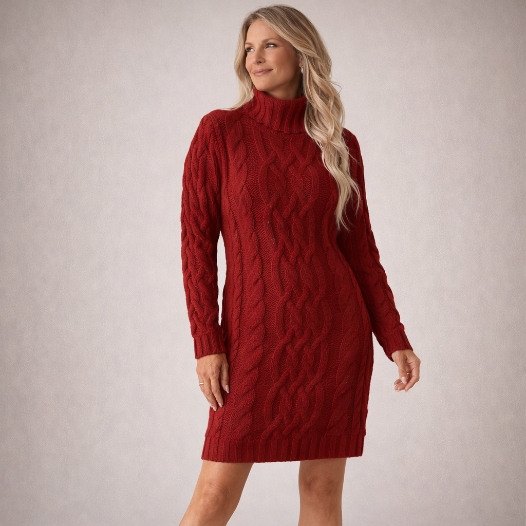 Strukturerad stickad klänning med lång ärm och hög hals