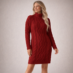 Strukturerad stickad klänning med lång ärm och hög hals