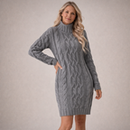 Strukturerad stickad klänning med lång ärm och hög hals