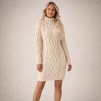 Strukturerad stickad klänning med lång ärm och hög hals