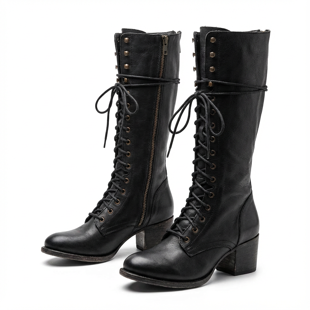 Knähöga snörstövlar med blockklack för dam