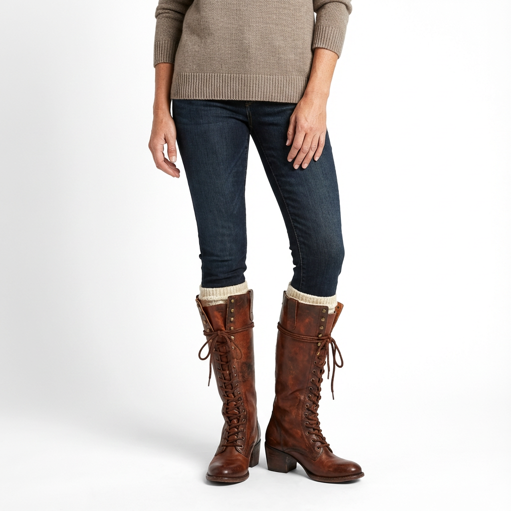 Knähöga snörstövlar med blockklack för dam