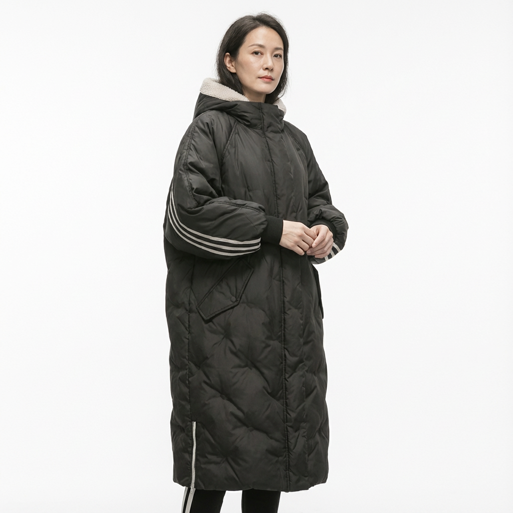 Lång quiltad vinterkappa med huva för dam