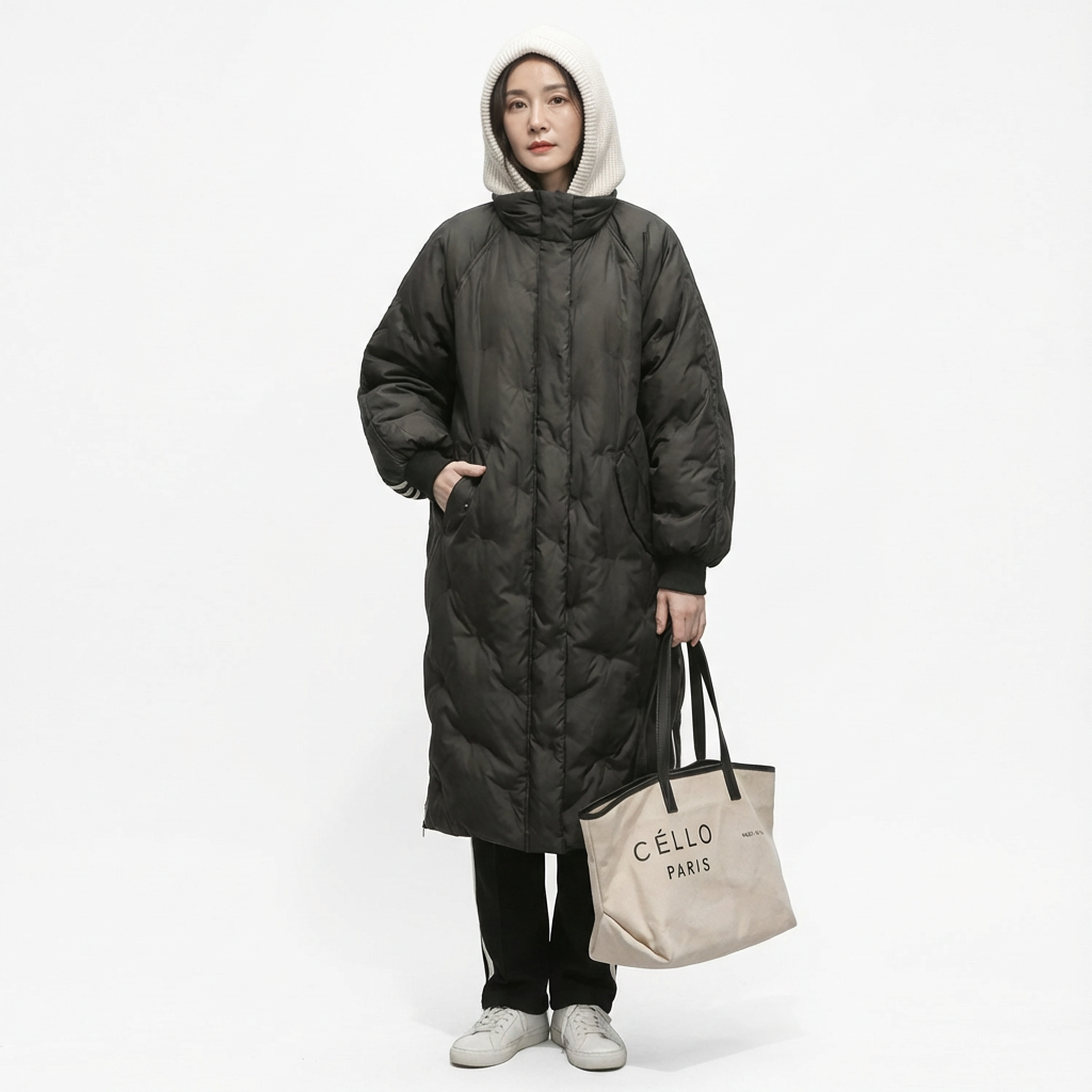 Lång quiltad vinterkappa med huva för dam