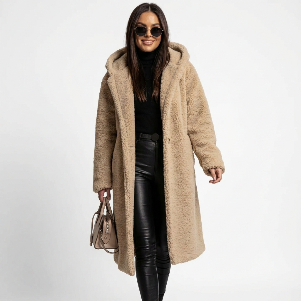 Lång teddyjacka för dam med huva