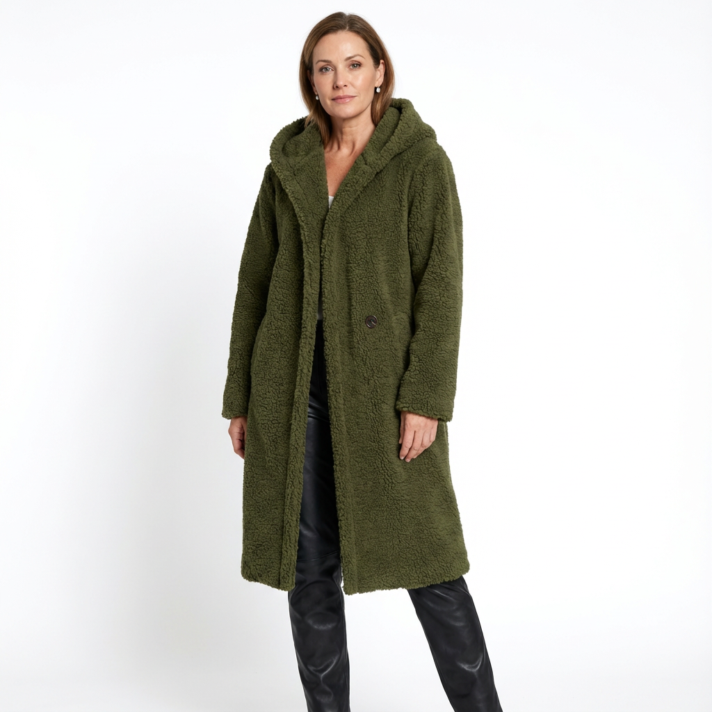 Lång teddyjacka för dam med huva