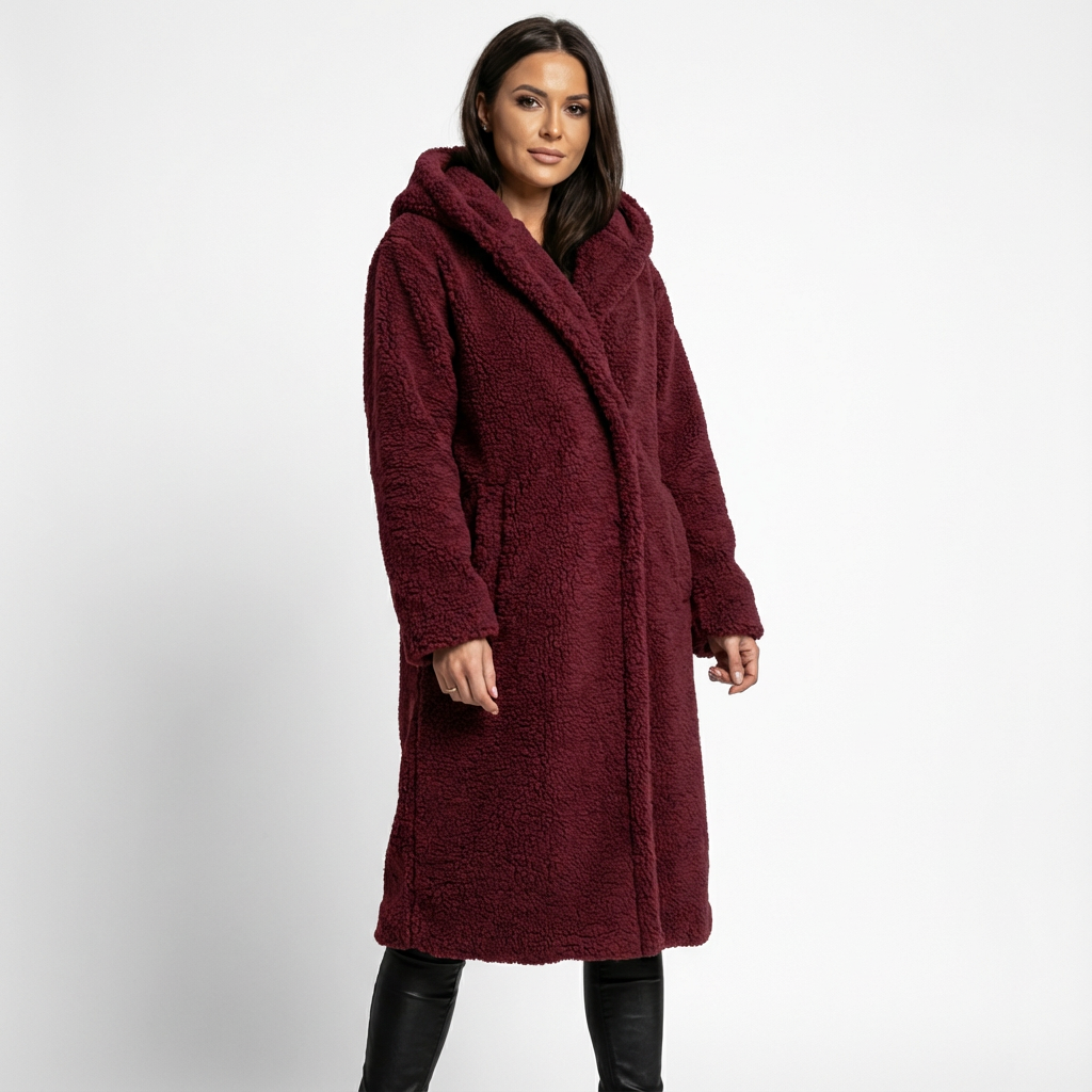 Lång teddyjacka för dam med huva