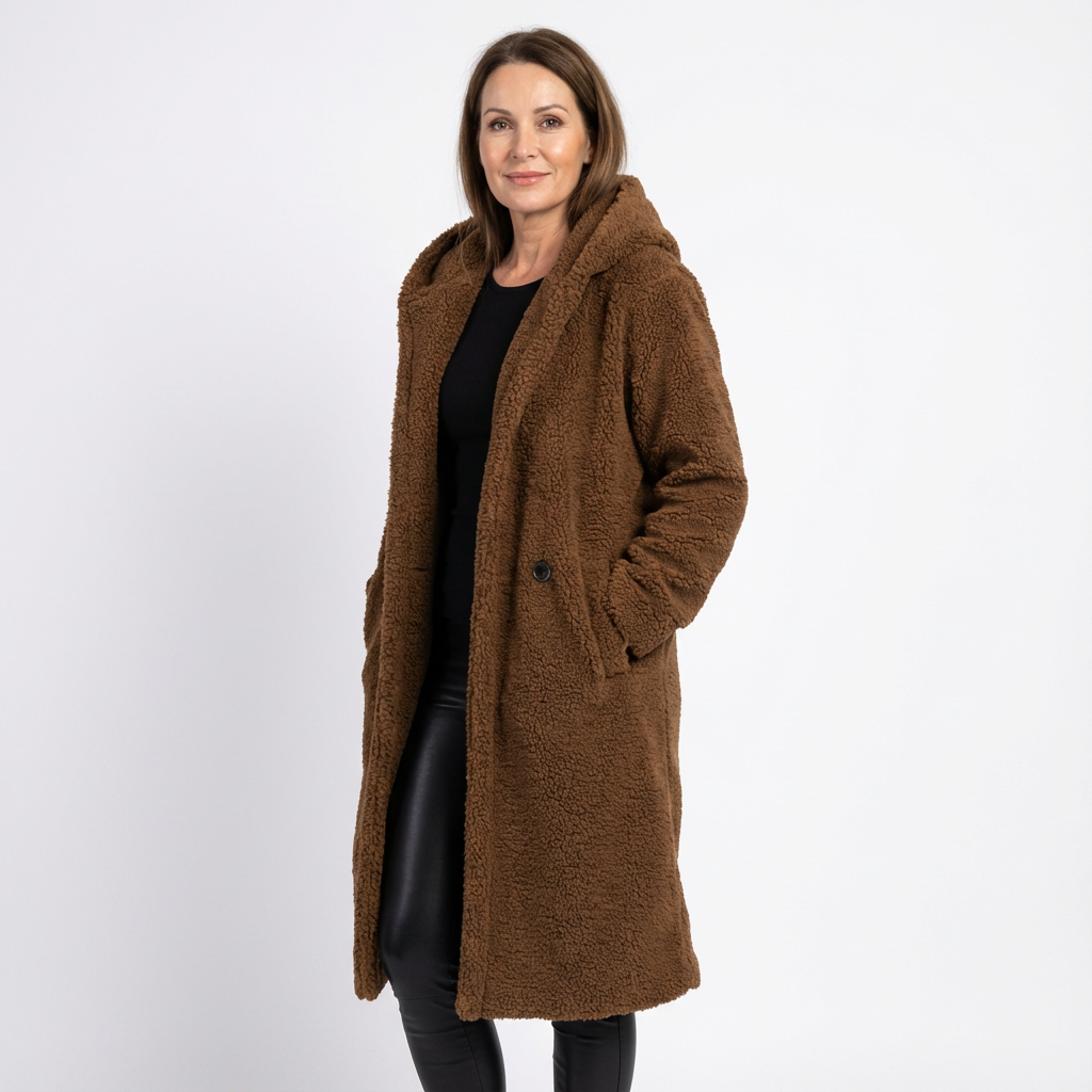 Lång teddyjacka för dam med huva