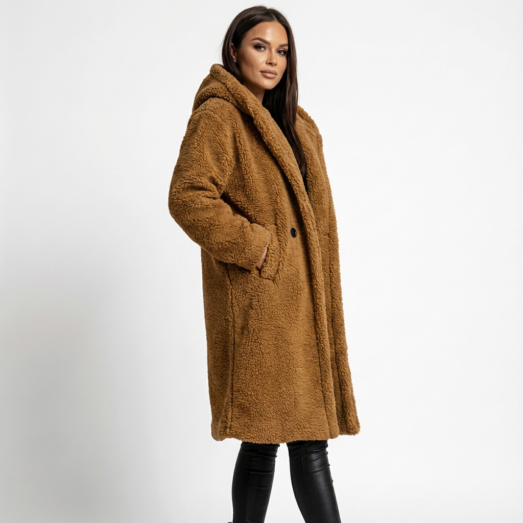Lång teddyjacka för dam med huva
