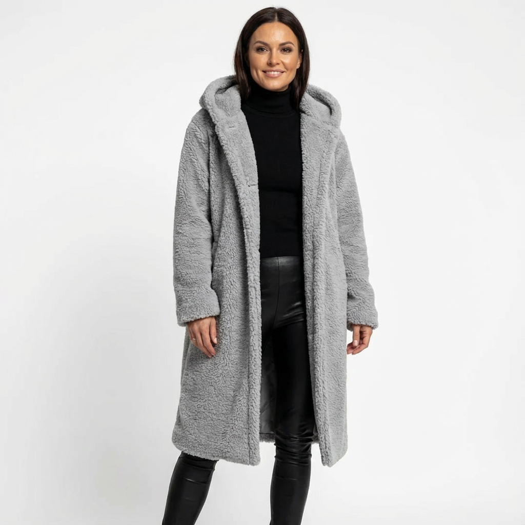 Lång teddyjacka för dam med huva