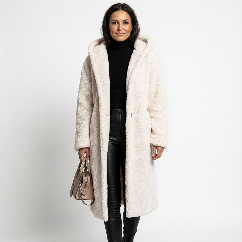 Lång teddyjacka för dam med huva