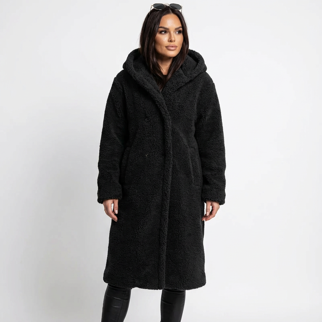 Lång teddyjacka för dam med huva