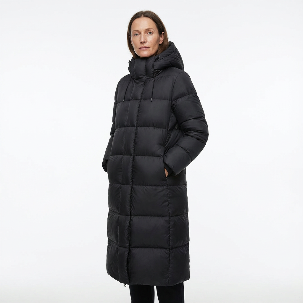 Lång vadderad vinterkappa för dam med huva