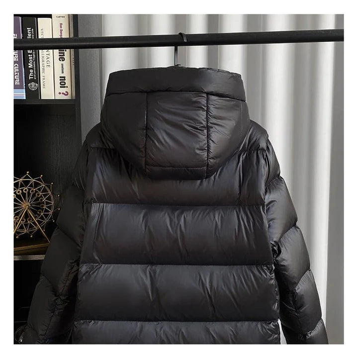 Lång vadderad vinterkappa för dam med huva