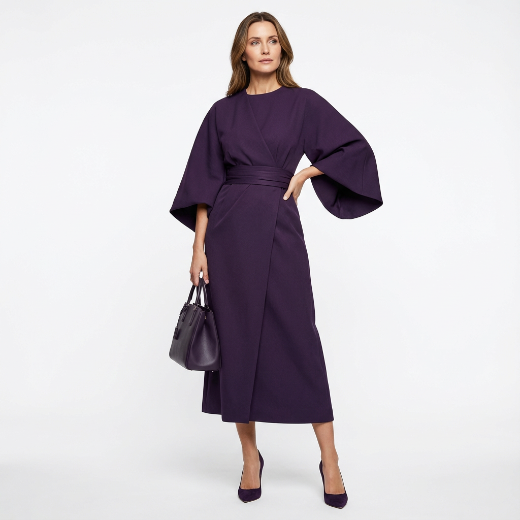 Midilång klänning för dam med bälte och vida ärmar