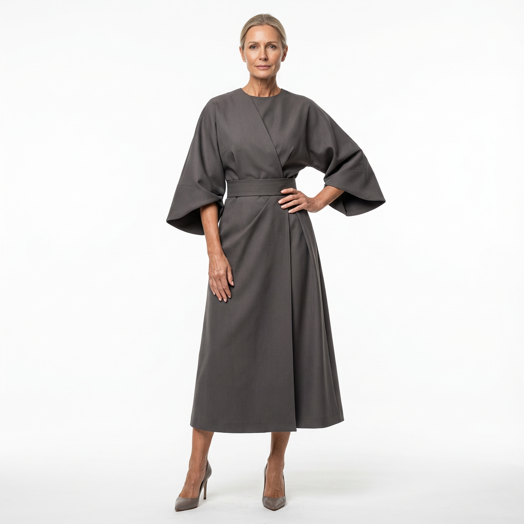 Midilång klänning för dam med bälte och vida ärmar