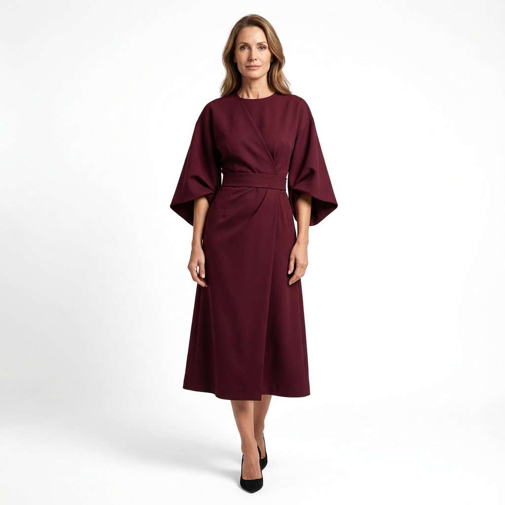 Midilång klänning för dam med bälte och vida ärmar