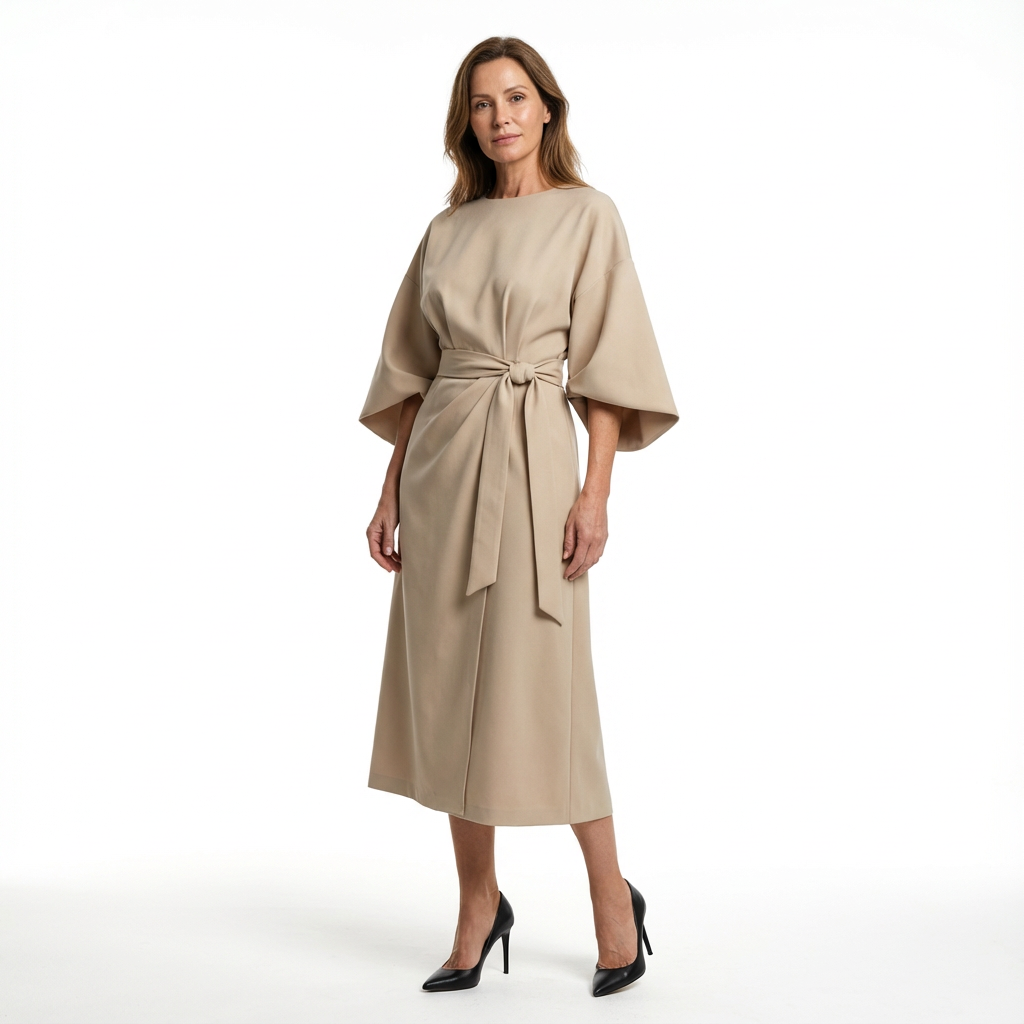 Midilång klänning för dam med bälte och vida ärmar