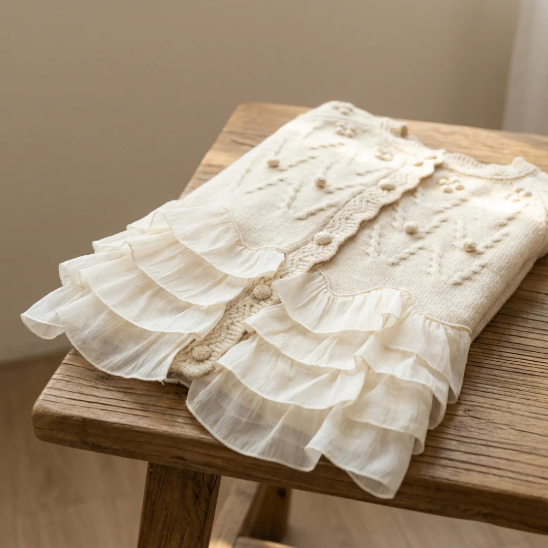 Stickad kofta för dam med strukturerad yta och volangkant