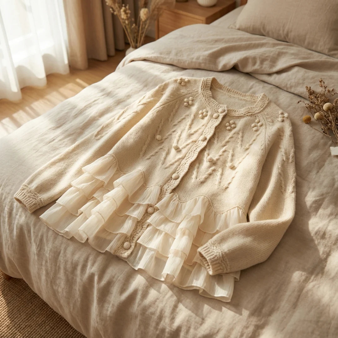 Stickad kofta för dam med strukturerad yta och volangkant