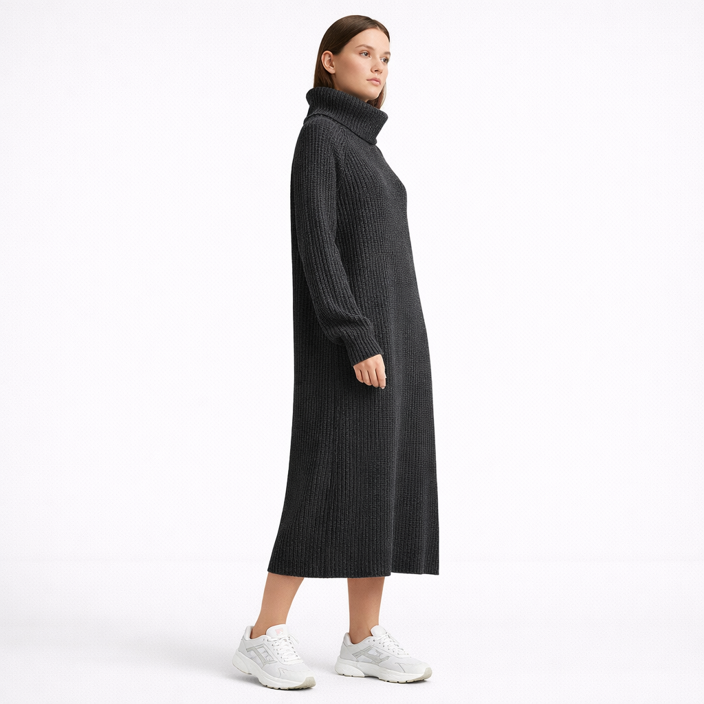 Ribbad midiklänning med polokrage för dam