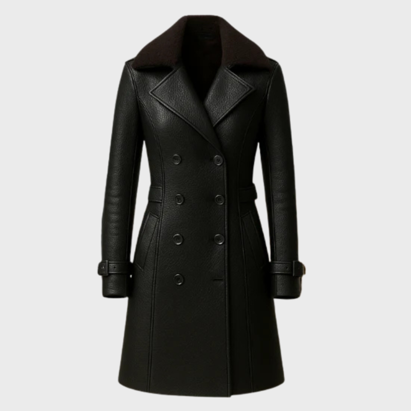 Lång damjacka i skinn med dubbelknäppning