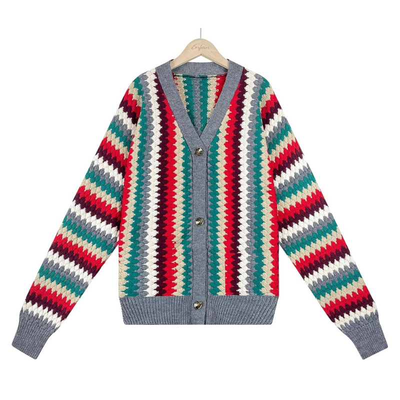 Damakardigan med färgglatt zigzag stickat mönster