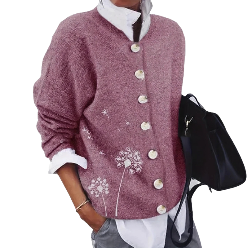 Stickad damkofta med maskrosmönster och knappar