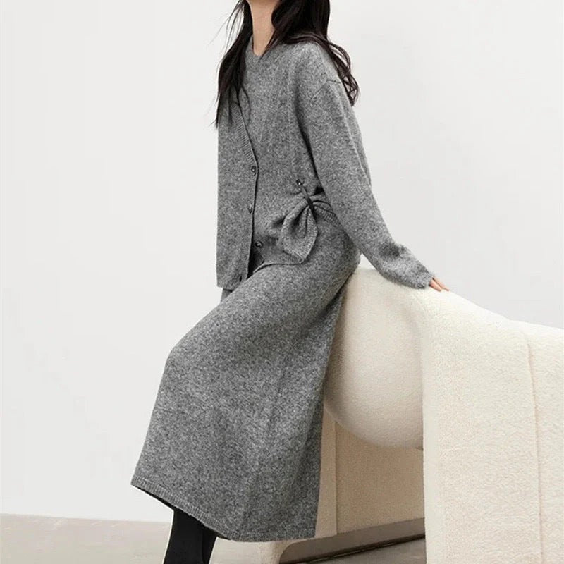 Tvådelat Stickat Klänning Set med Knappdetalj för Dam